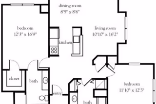 Black and white architectural floor plan of a residential unit at Atria Rye Brook, showing two bedrooms, two bathrooms, a kitchen, dining room, living room, closets, and entry area with dimensions labeled.