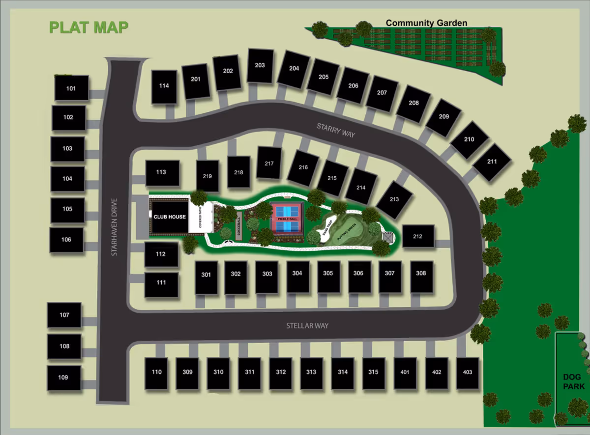 Plat map of Starhaven Villas showing numbered housing units arranged along Starhaven Drive, Starry Way, and Stellar Way. The map includes a clubhouse, bocce ball court, pickleball court, sand trap, putting green, gazebo, community garden, and dog park. Trees and pathways are also depicted.