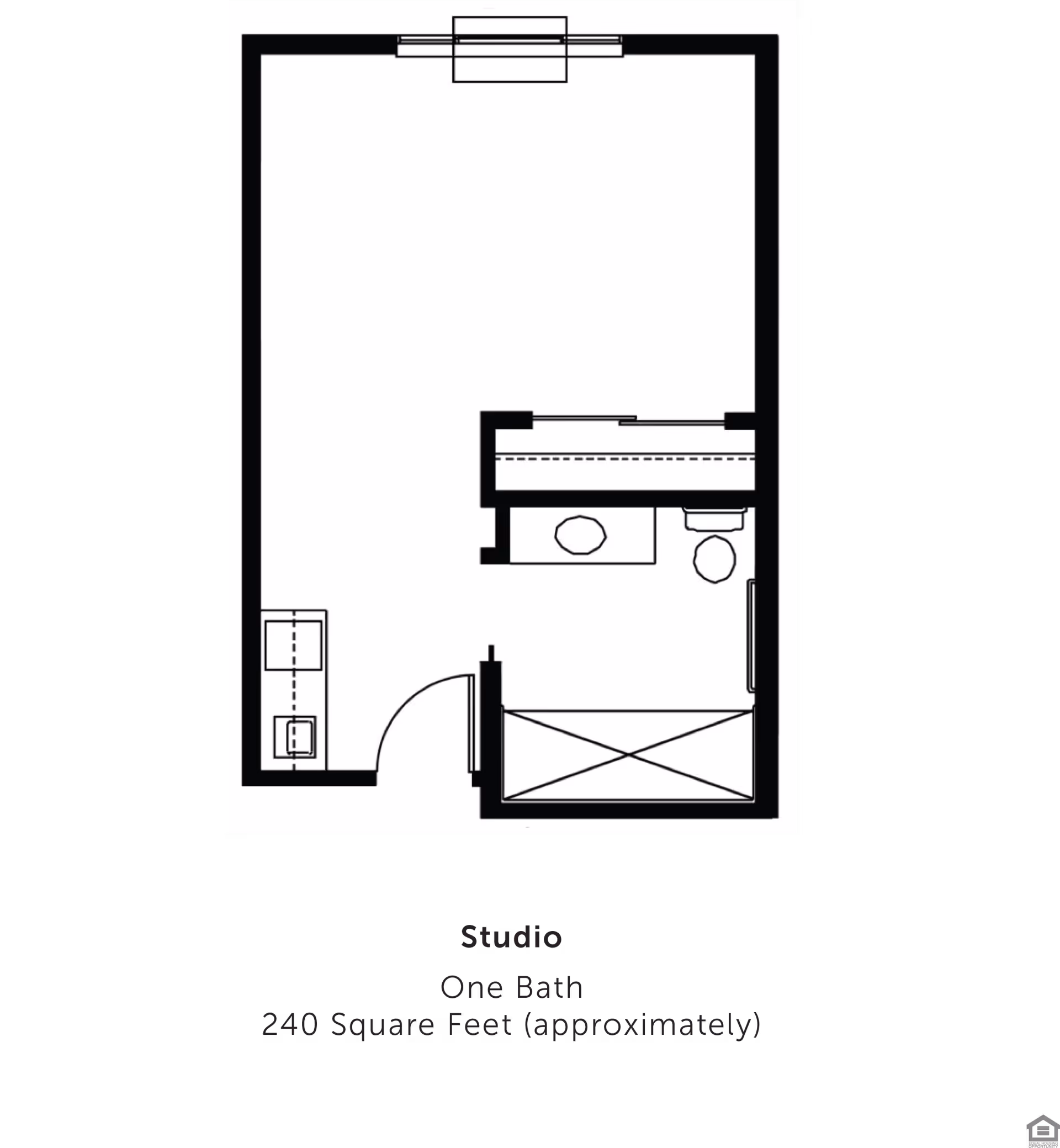 Black-and-white floor plan diagram of a studio apartment showing a kitchenette, bathroom, and sleeping area.