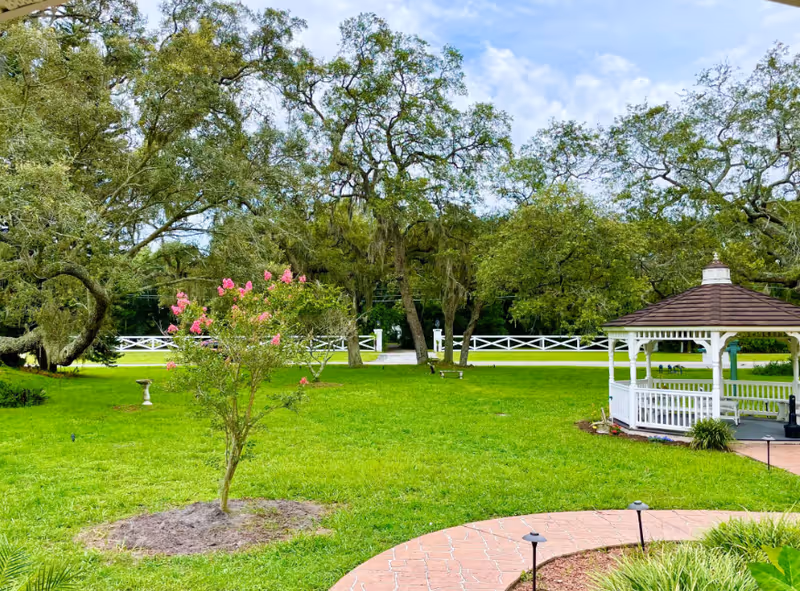 Grassy courtyard with oak trees, a small pink-flowering tree, a white gazebo and a curved brick walkway.