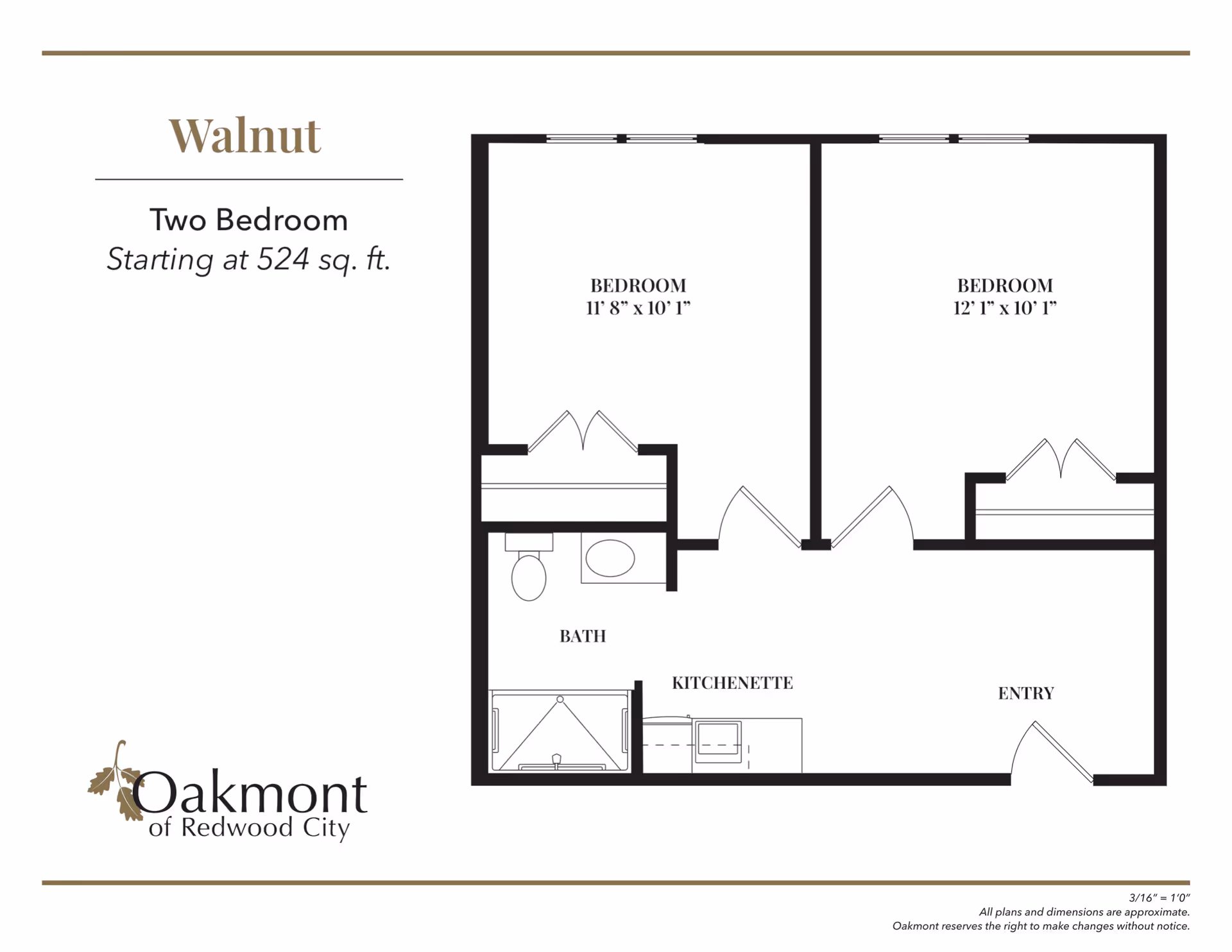 Black-and-white floor plan labeled 'Walnut' showing a two-bedroom, one-bath apartment with a kitchenette and entry, for Oakmont of Redwood City.