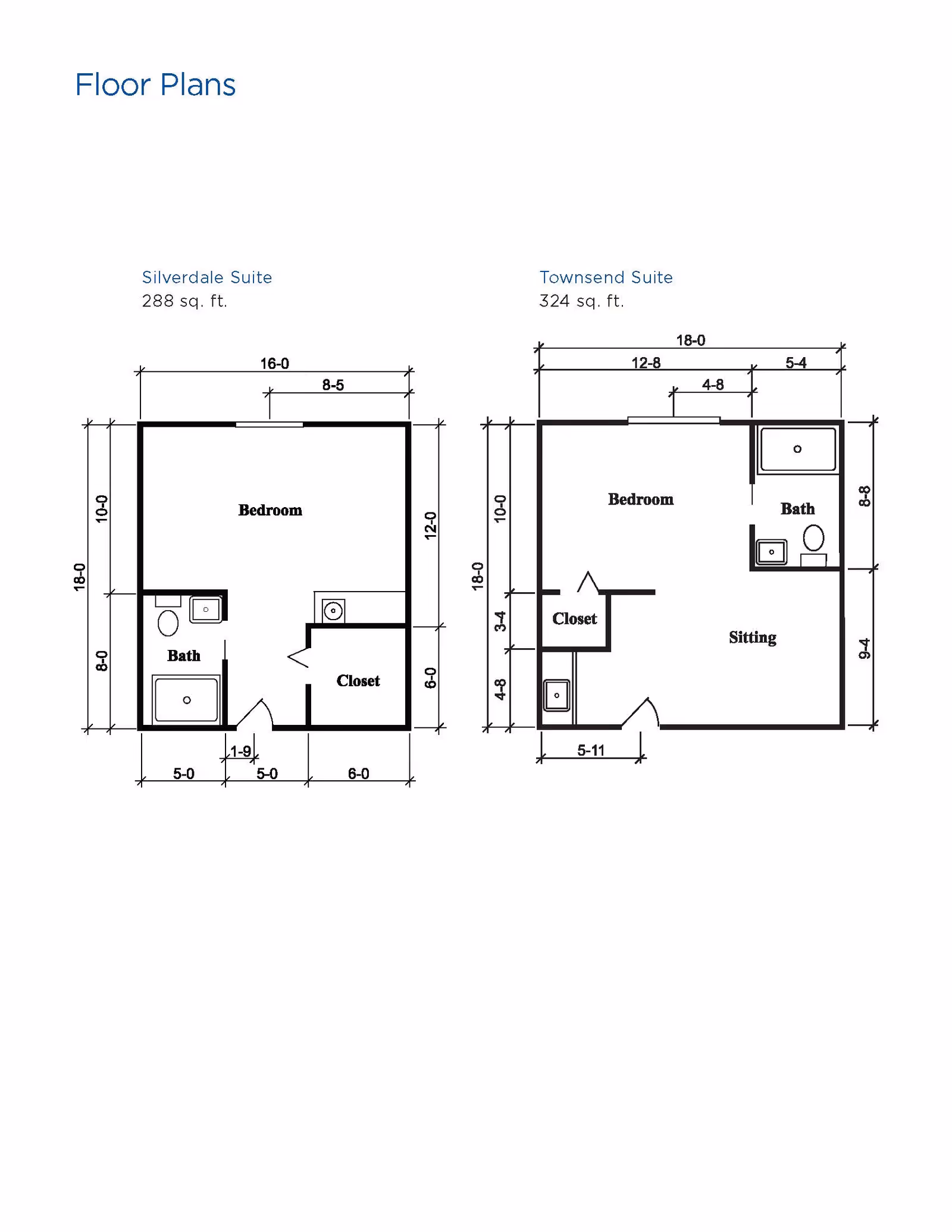 Floor plans for two suites at Brookdale Shawnee: Silverdale Suite with 288 sq. ft. featuring a bedroom, bath, and closet; Townsend Suite with 324 sq. ft. featuring a bedroom, bath, sitting area, and closet. Dimensions are marked for each room and overall layout.