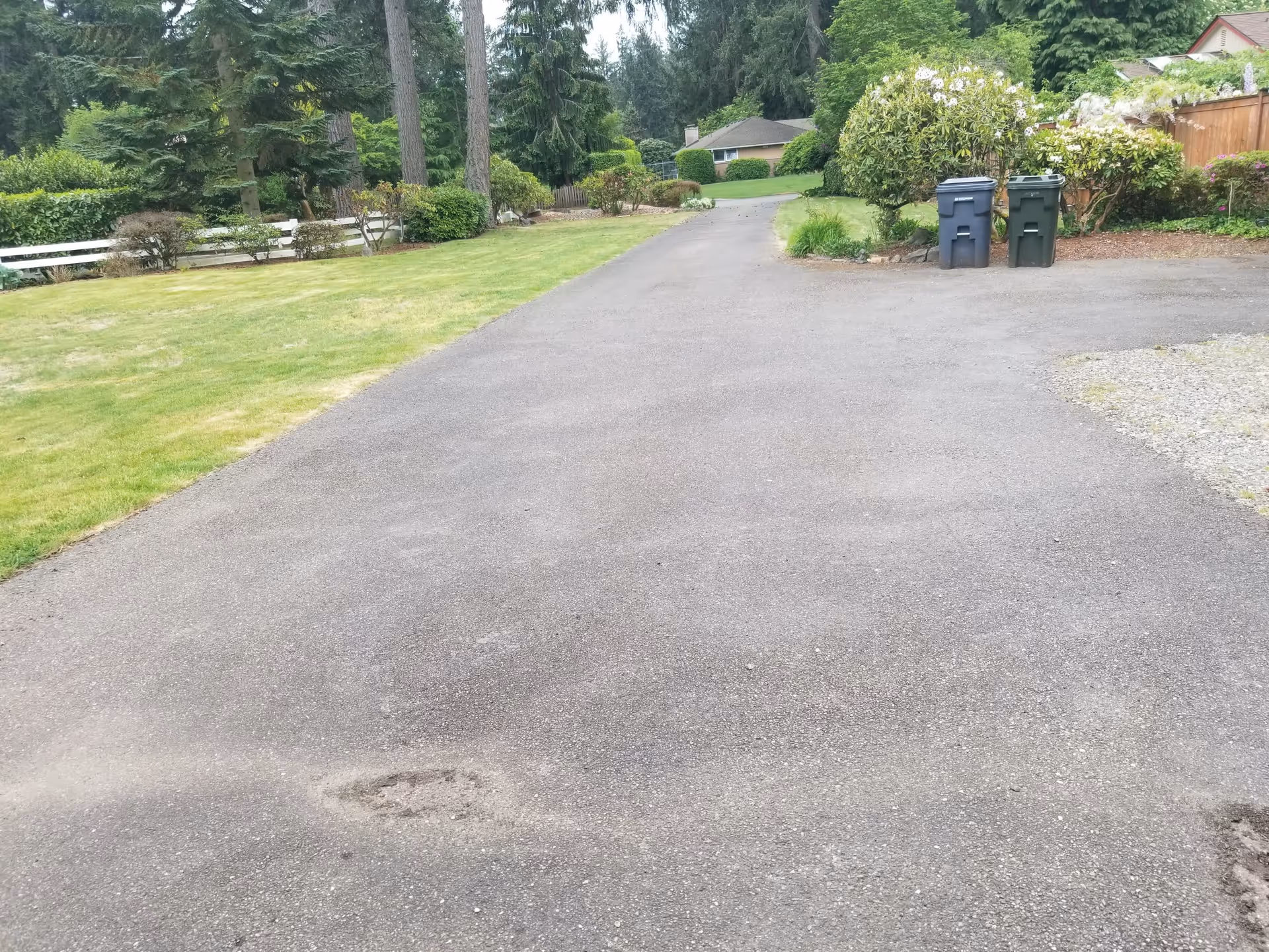 A paved driveway leading to a house surrounded by green grass, bushes, and tall trees. Two trash bins are placed near a wooden fence on the right side.