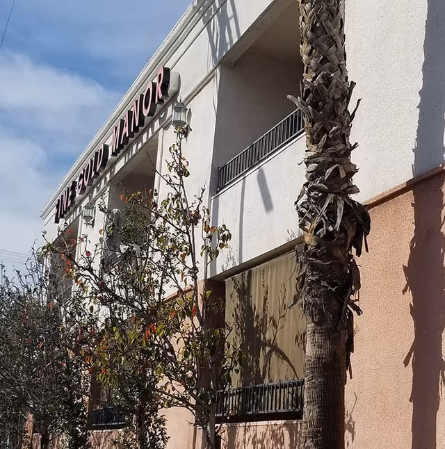 Exterior facade of the Fine Gold Manor building with its sign, balconies, and palm trees in front.