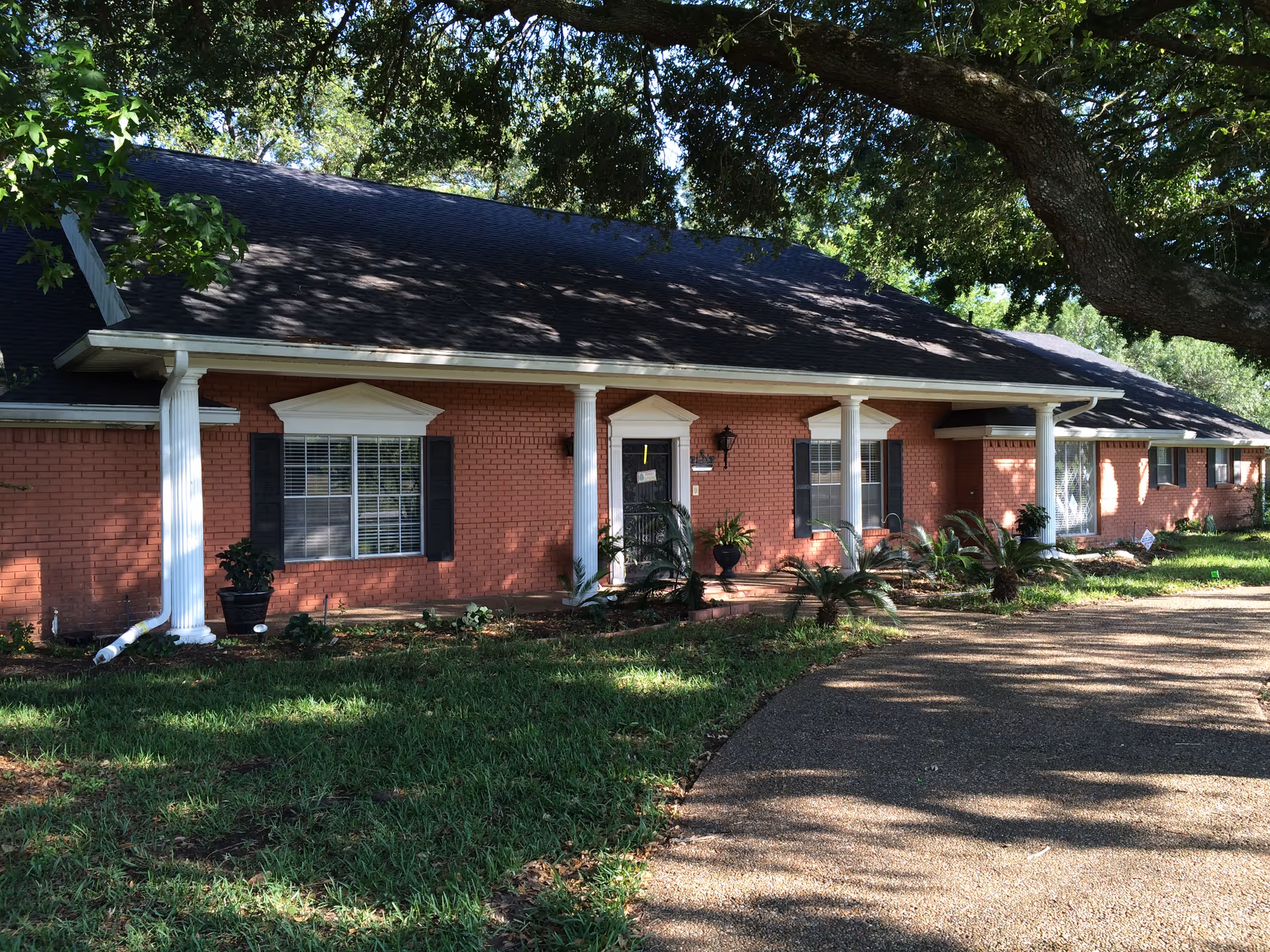 Exterior view of a single-story brick building with white columns and black shutters, surrounded by green grass and trees casting shadows on the building and driveway.