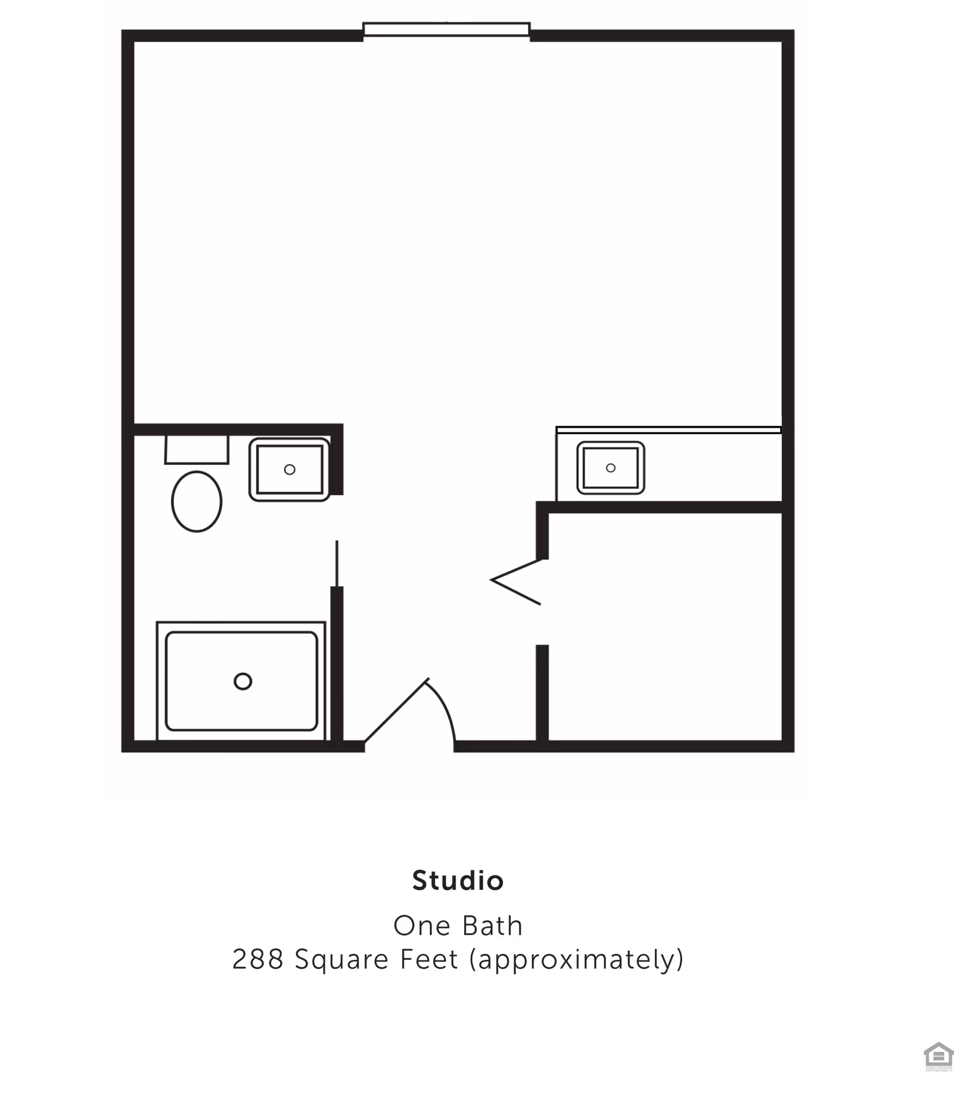 Floor plan of a studio apartment with one bathroom, showing a layout with a bathroom containing a toilet, sink, and bathtub, and a main living area with a kitchenette sink and a closet.