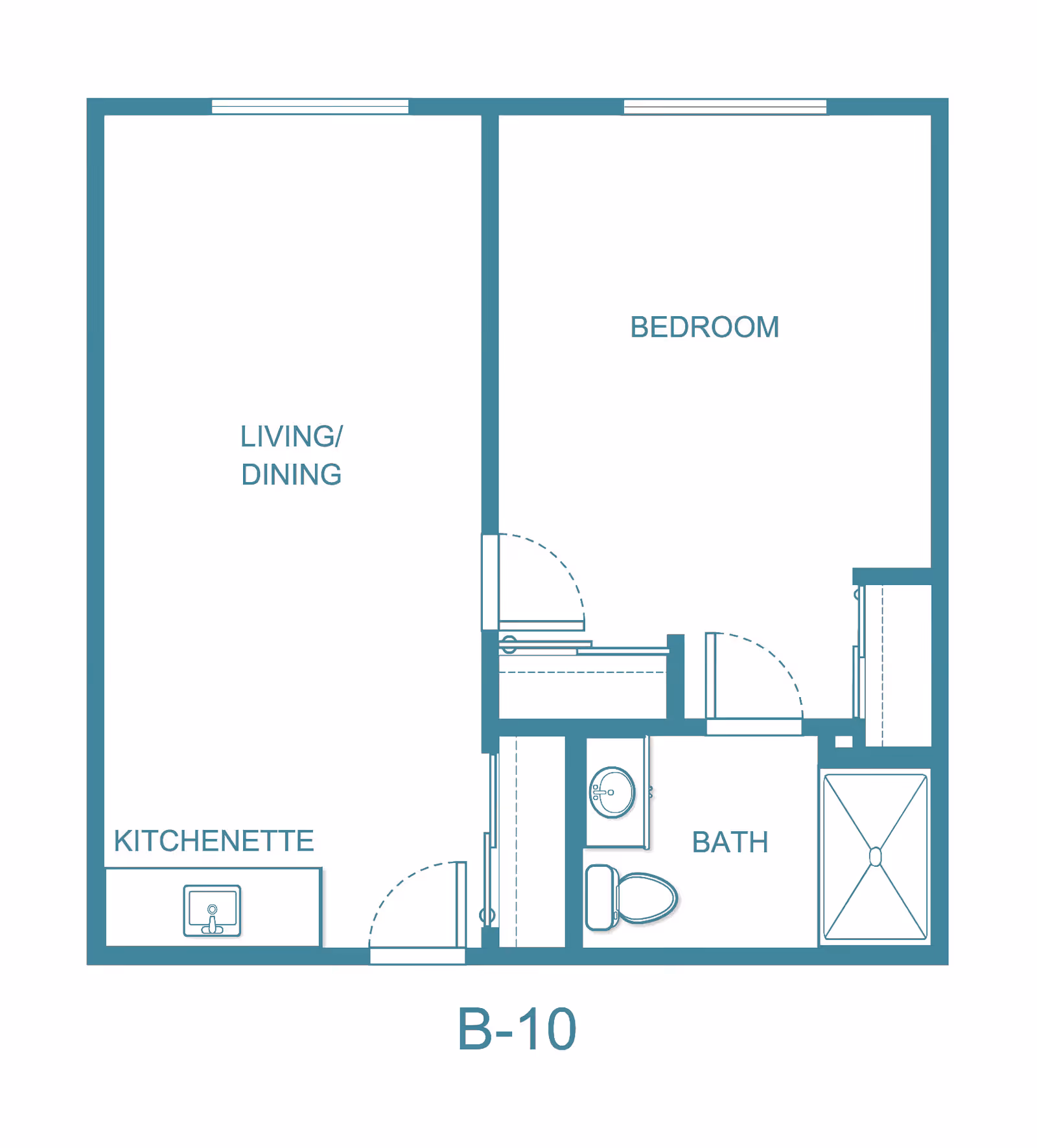 Floor plan labeled B-10 showing a layout with a living/dining area combined with a kitchenette, a separate bedroom, and a bathroom with a sink, toilet, and shower.