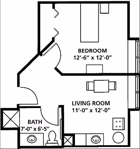 Black and white architectural floor plan of a senior living unit at The Residence at Glen Hill, showing a bedroom measuring 12 feet 6 inches by 12 feet, a living room measuring 11 feet by 12 feet, and a bathroom measuring 7 feet by 6 feet 5 inches. The layout includes furniture and fixtures such as a bed, table, chairs, sinks, toilet, and shower.