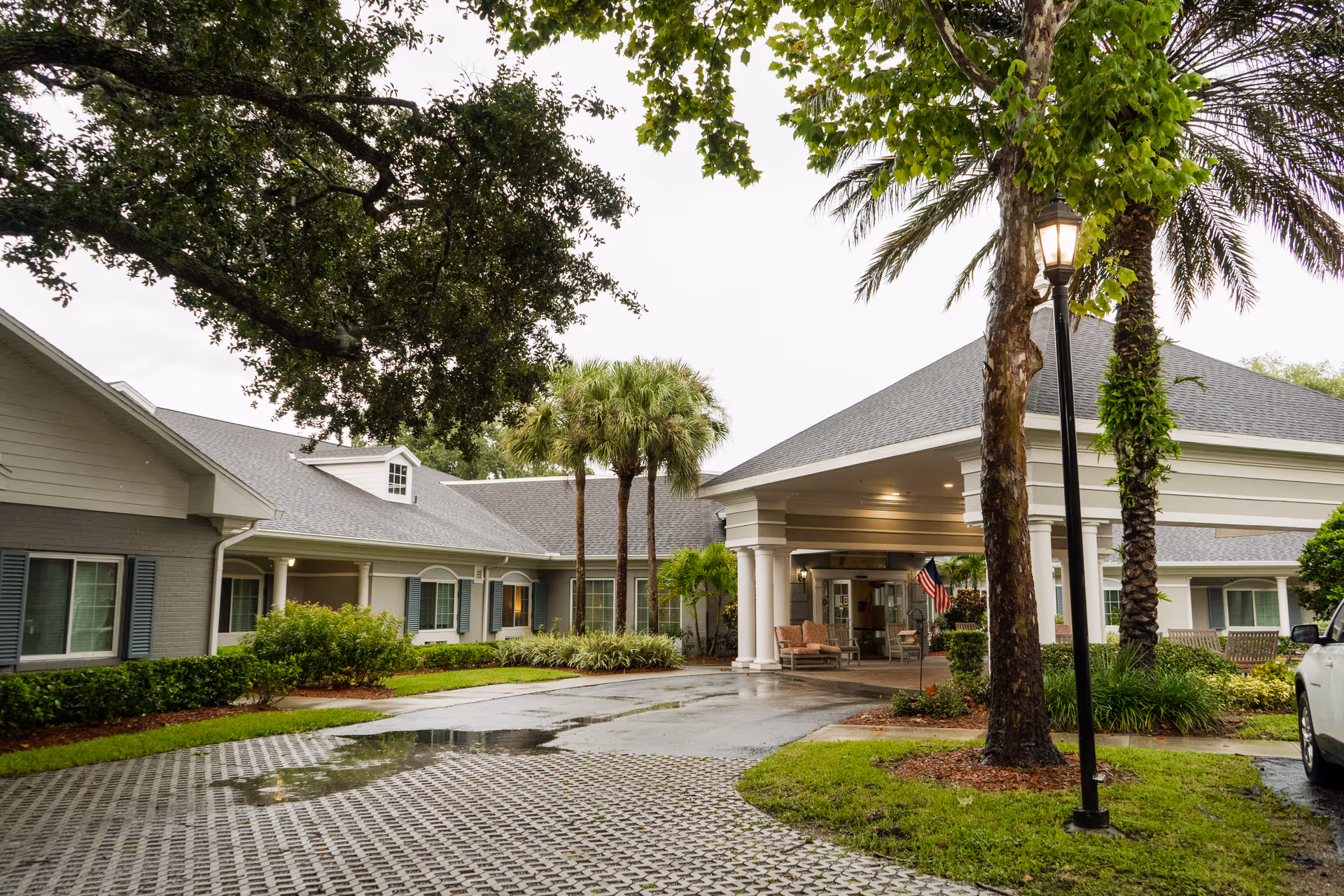 Exterior view of The Colonnade at Northdale facility showing a covered entrance with white columns, outdoor seating, palm trees, and a driveway with wet pavement and greenery around.