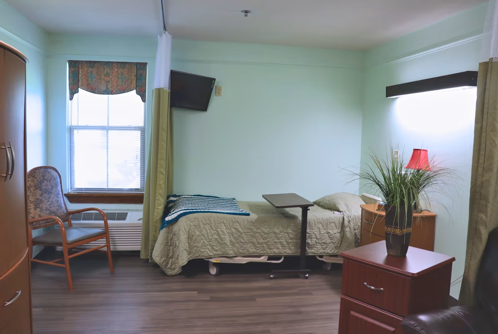A furnished senior living bedroom with a single bed, overbed table, chair, TV, dresser and a potted plant.