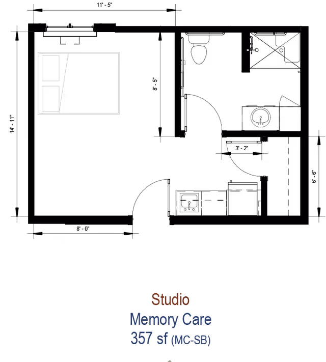 Floor plan layout of a studio memory care unit measuring 357 square feet, showing the arrangement of rooms and spaces within the unit.