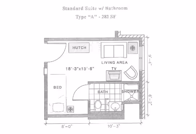 Black-and-white floor plan of a standard 282 sq ft senior suite showing a bed, living area with TV and hutch, and a bathroom with shower and sink.