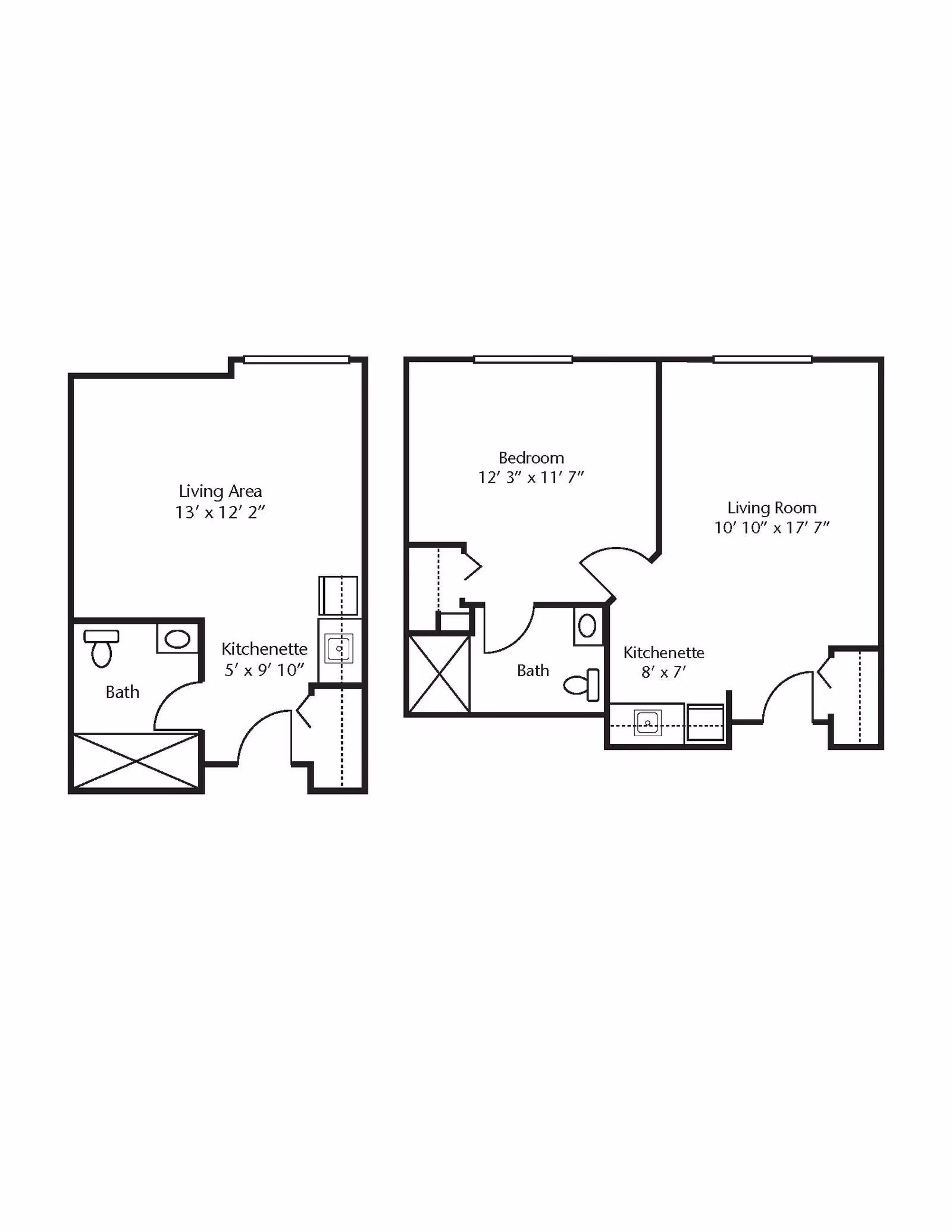 Architectural floor plan showing two apartment layouts. The first layout includes a living area, kitchenette, and bath. The second layout includes a bedroom, bath, kitchenette, and living room with dimensions labeled for each area.
