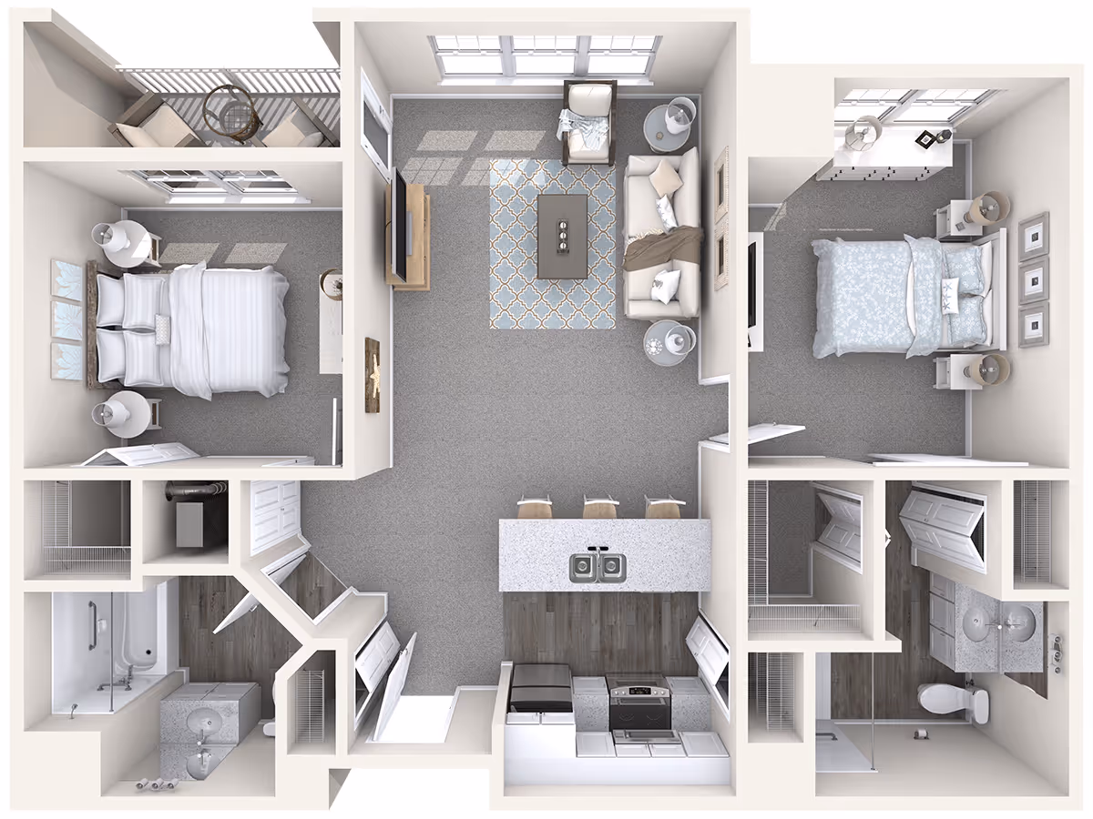 3D floor plan of an apartment with two bedrooms, a living room, kitchen, two bathrooms, and a small balcony. The living room has a sofa, armchair, coffee table, and TV. The kitchen features an island with a sink and three stools. One bedroom has a double bed with two nightstands, and the other bedroom has a bed with two nightstands and a dresser. Both bathrooms have sinks, toilets, and one has a bathtub while the other has a shower.