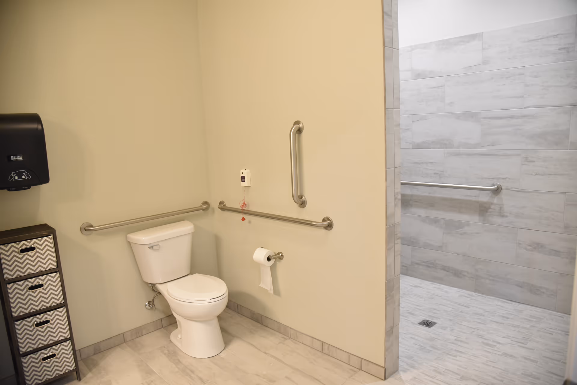 Accessible bathroom with a toilet, multiple grab bars, a paper dispenser and an adjacent tiled roll-in shower.