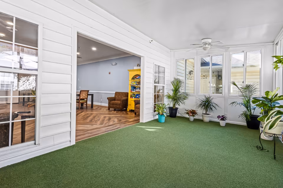 Indoor sunroom area with green carpet flooring and several potted plants along the walls. The room has white paneled walls and large windows letting in natural light. An open doorway leads to an adjacent room with wood flooring, a yellow bookshelf, and brown upholstered chairs.