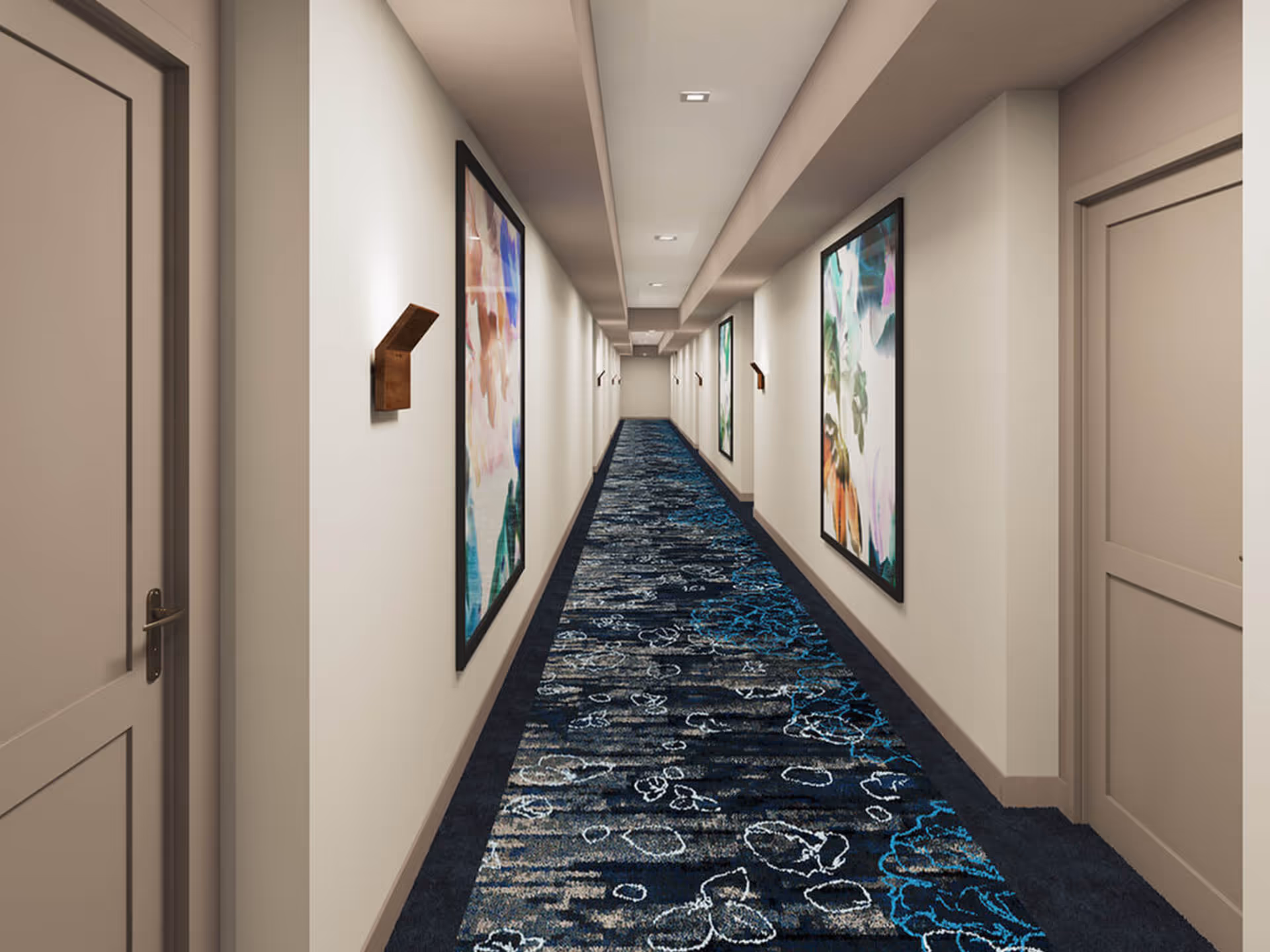A long carpeted interior hallway lined with framed artwork and doors on both sides.