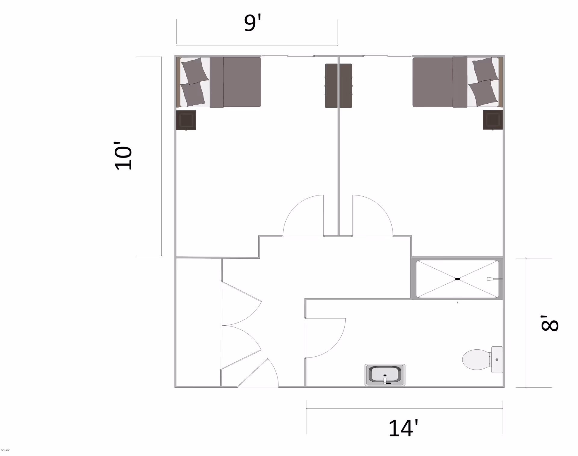 Top-down floor plan showing two adjacent bedrooms, a central entry/hall area and a bathroom with sink, toilet and shower, with dimensions labeled.