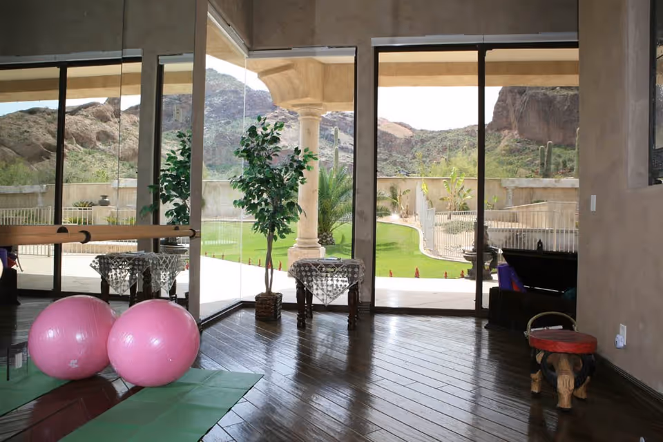 Interior room with wooden flooring featuring two pink exercise balls on green mats, a potted plant, a small table with a lace tablecloth, and large glass sliding doors opening to an outdoor area with green grass, palm trees, and rocky hills in the background.