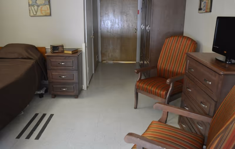 A room with a single bed covered in a brown blanket, a wooden nightstand with books and a small American flag decoration, two striped armchairs, a wooden dresser with a small TV on top, and a closed wooden door at the back.