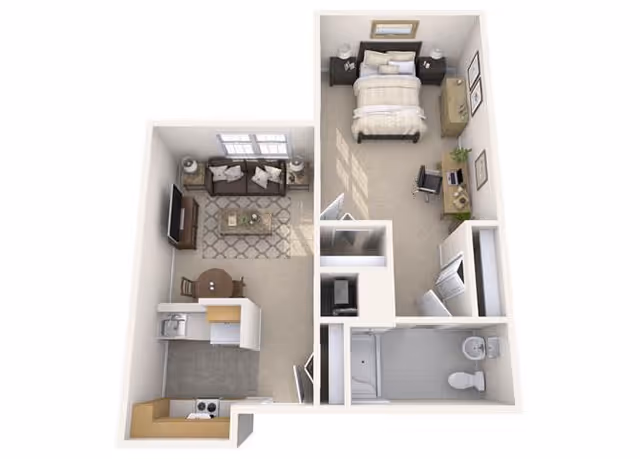 3D rendered one-bedroom apartment floor plan showing a living room, kitchen, bedroom, and bathroom with furniture.