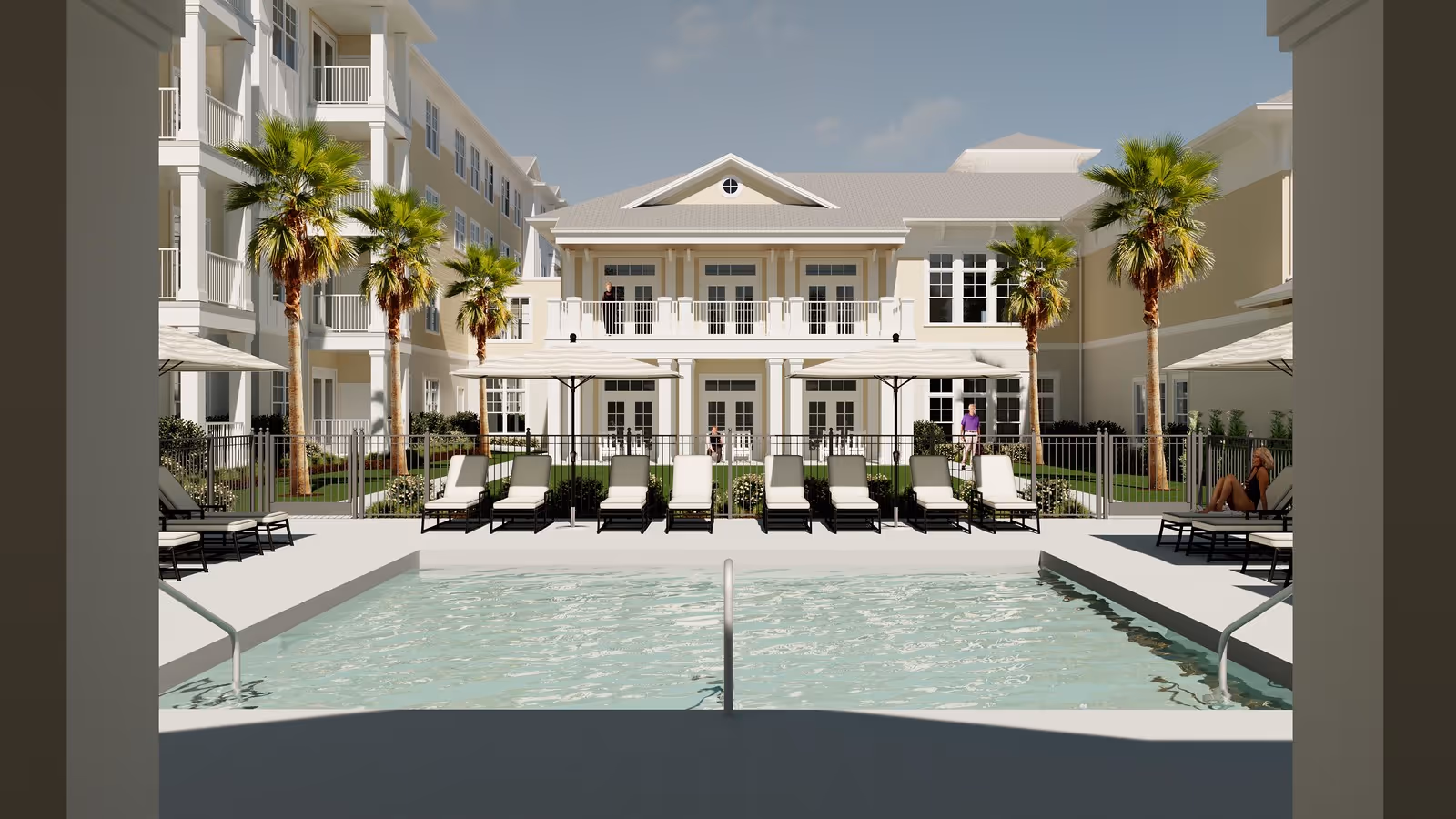 Outdoor swimming pool with lounge chairs facing a multi-story residential building framed by palm trees.
