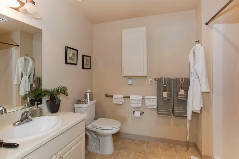 A clean and well-lit bathroom featuring a white sink with a silver faucet on a cream-colored vanity, a toilet with a silver grab bar beside it, and a shower area with a white robe hanging on a hook. The walls are beige, decorated with two framed pictures, and there are neatly hung towels in white and gray colors. A small green plant is placed on the vanity next to the sink.