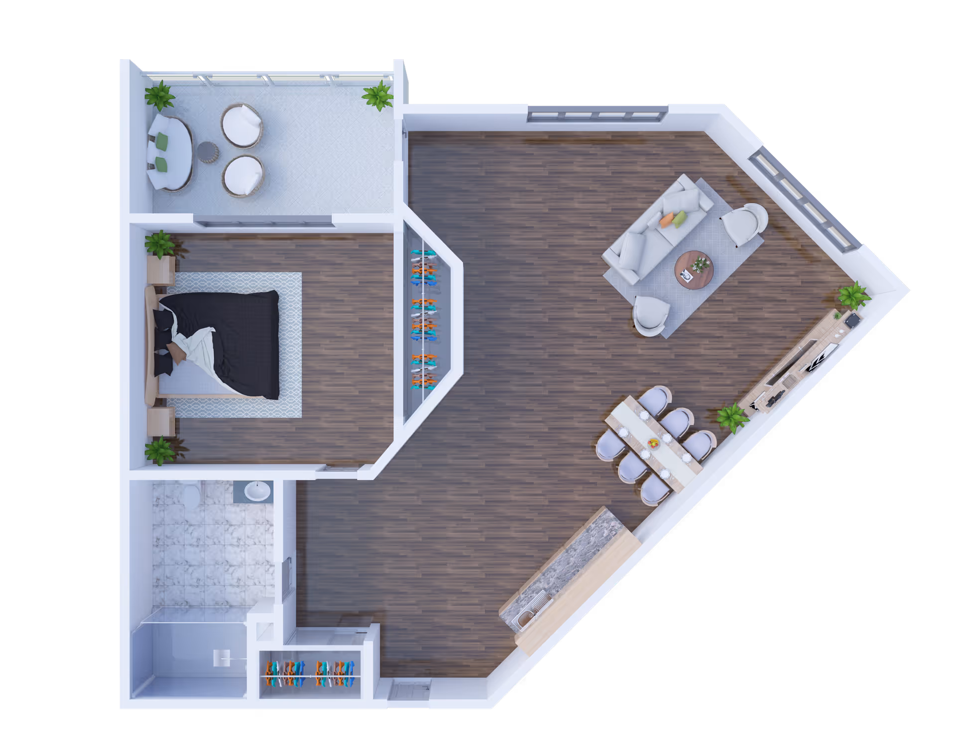 Top-down 3D floor plan of a senior living apartment featuring a bedroom with a bed and nightstands, a bathroom with a shower and sink, a living room with a sofa, two chairs, a coffee table, a dining area with a table and six chairs, a kitchen with a counter and sink, and a balcony with outdoor seating and plants.