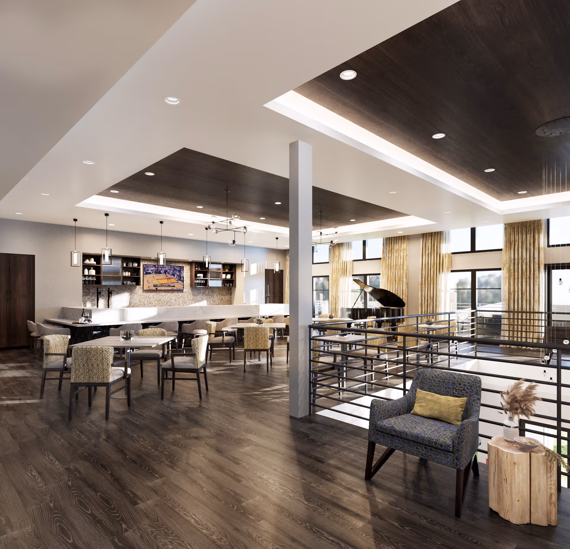 Spacious modern communal lounge and dining area with tables, a bar, a grand piano, large windows, and high ceilings.