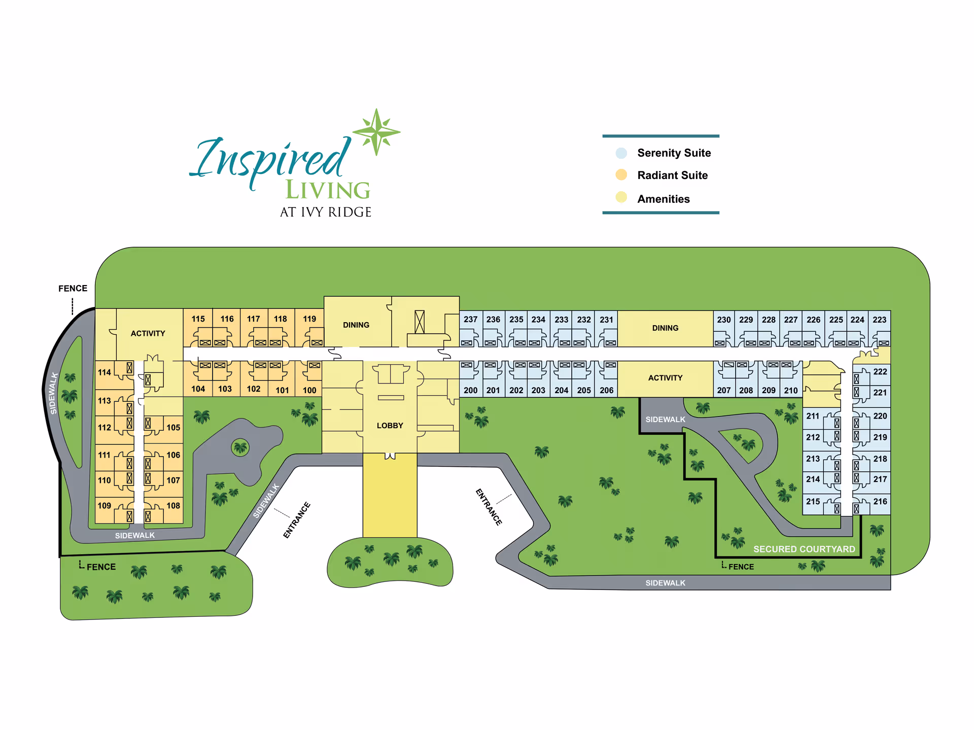 Floor plan of Inspired Living at Ivy Ridge showing Serenity Suite, Radiant Suite, and Amenities areas. The layout includes labeled rooms, dining areas, activity rooms, lobby, entrances, sidewalks, fenced areas, and a secured courtyard with green spaces and pathways.
