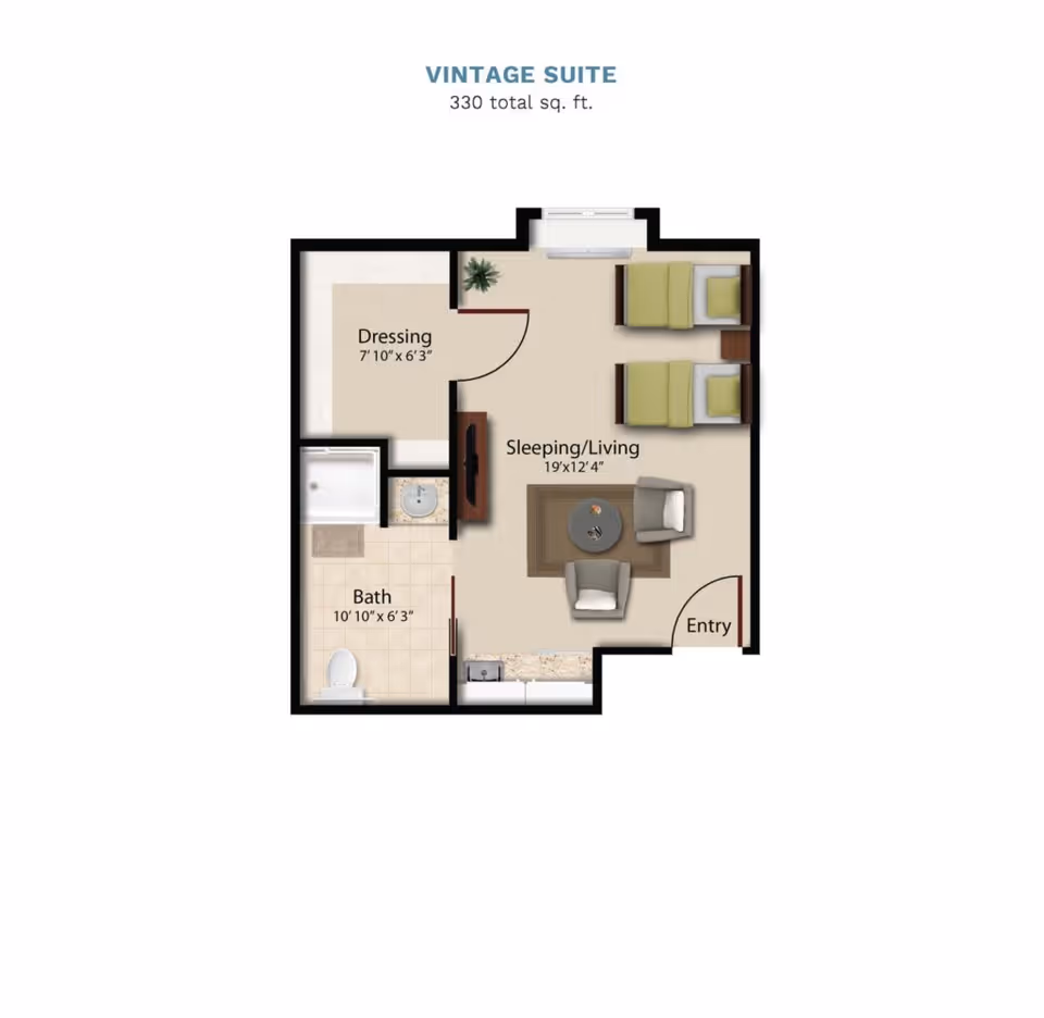 Floor plan for the Vintage Suite (330 sq. ft.) showing a combined sleeping/living area, dressing area, bathroom, and entry.