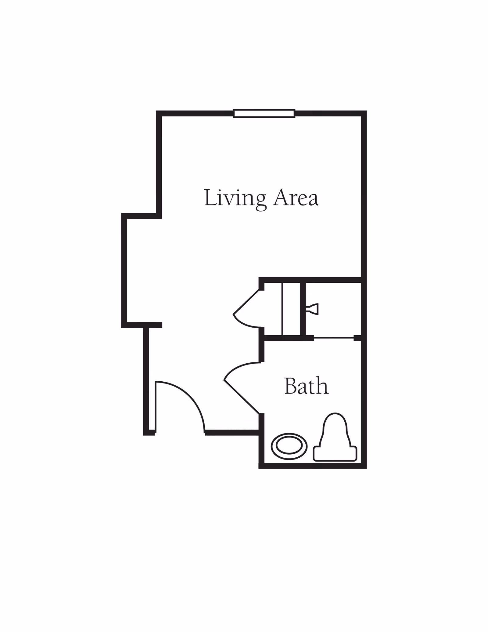 Floor plan layout showing a living area and a bathroom with a toilet and sink.
