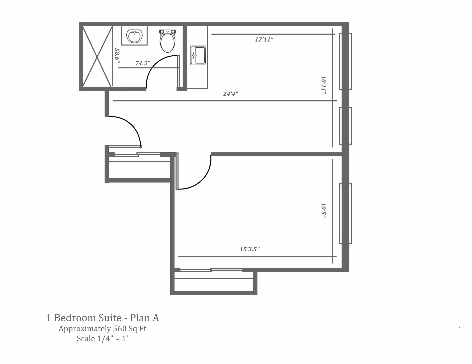 Architectural floor plan of a 1 bedroom suite labeled Plan A, approximately 560 square feet, showing dimensions of rooms including a bathroom, kitchen area, and bedroom.