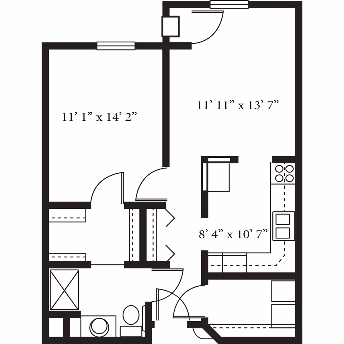 Architectural floor plan of a living space at The Waters of Eden Prairie showing a bedroom, kitchen, bathroom, and living area with dimensions labeled.