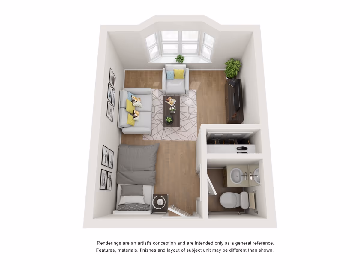 3D floor plan of a small studio apartment featuring a combined living and sleeping area with a bed, sofa, armchair, coffee table, TV on a stand, and a bay window with a plant. There is a small bathroom with a toilet, sink, and mirror, and a closet space near the entrance.