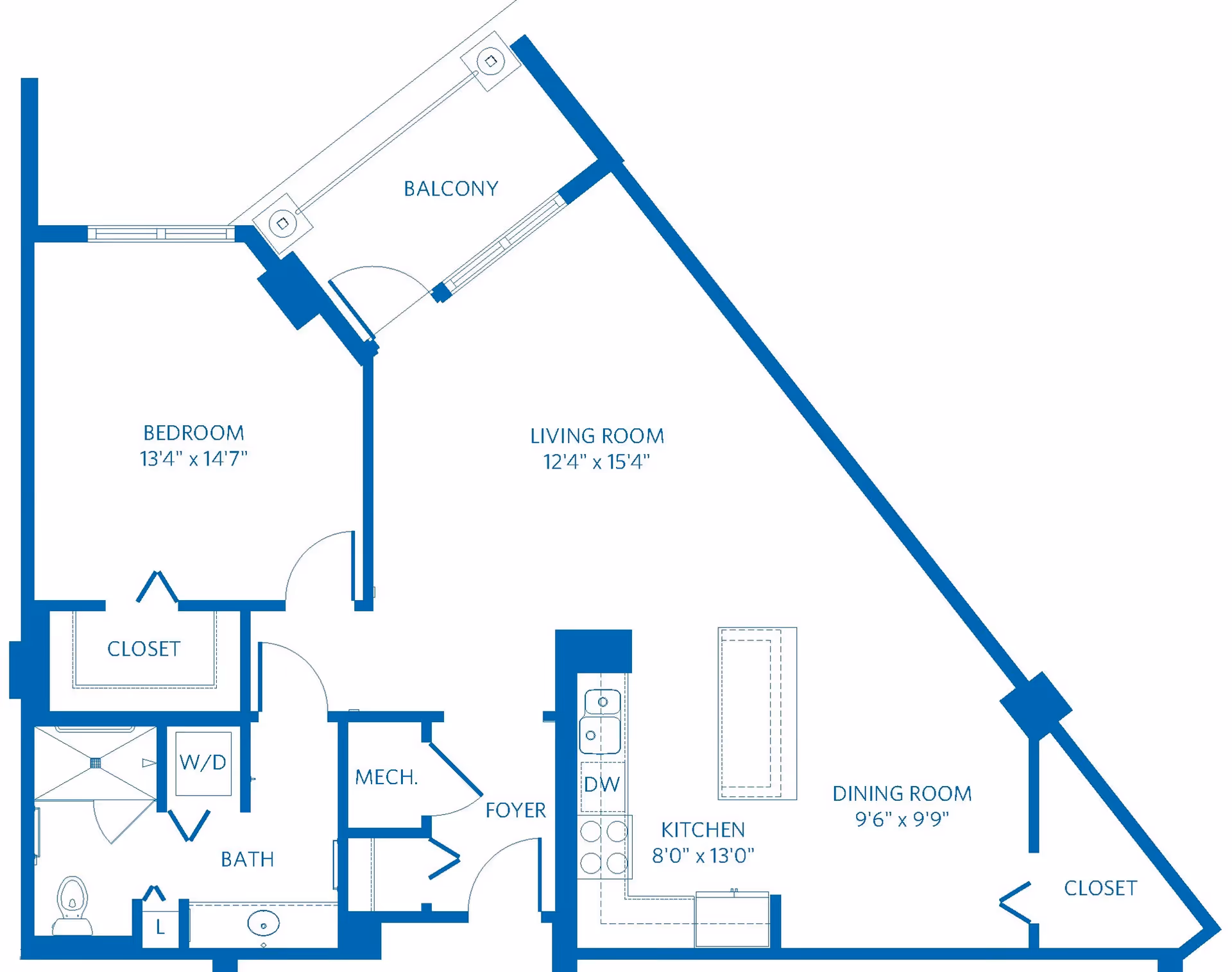 Floor plan of a one-bedroom apartment at Vi at Silverstone, showing a bedroom with closet, bathroom with washer/dryer, mechanical room, foyer, kitchen with dishwasher and island, dining room, living room, and a balcony.