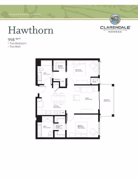 Floor plan of the Hawthorn apartment at Clarendale of Mokena showing a 998 square feet two-bedroom, two-bath layout with labeled rooms including kitchen, living room, master bedroom, bedroom, bathrooms, walk-in closets, and a balcony.