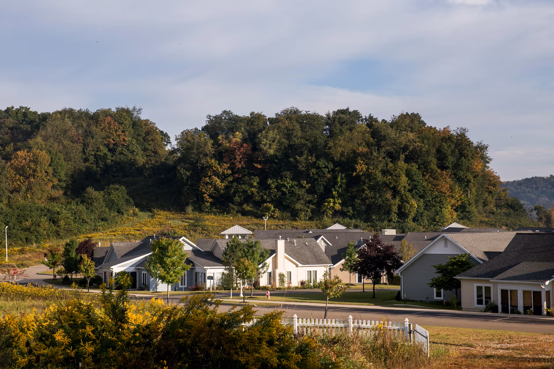 View of a senior living community with single-story buildings surrounded by trees and greenery, set against a backdrop of a wooded hill under a partly cloudy sky.