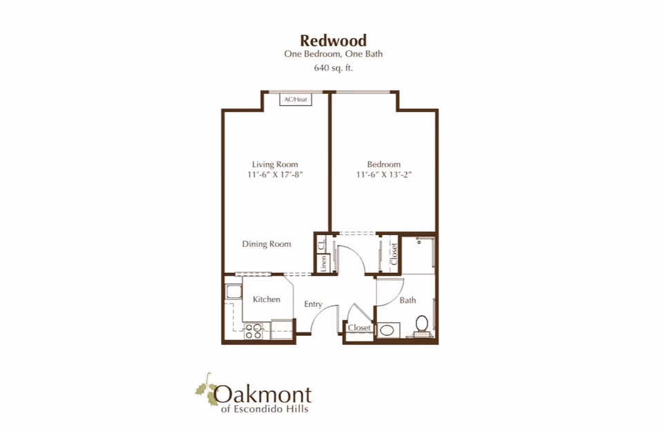 Floor plan of Redwood, a one bedroom, one bath apartment with 640 square feet at Oakmont of Escondido Hills. The layout includes a living room, dining room, kitchen, bedroom, bathroom, entry, linen closet, and additional closets.