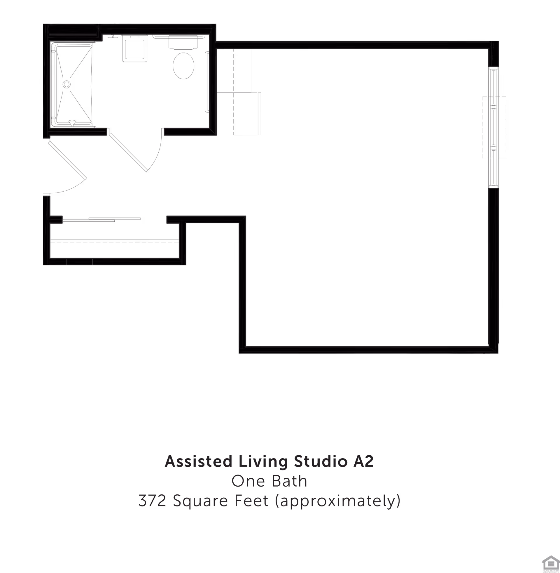 Blueprint-style floor plan of an assisted living studio apartment labeled 'Assisted Living Studio A2' with one bath and 372 square feet.