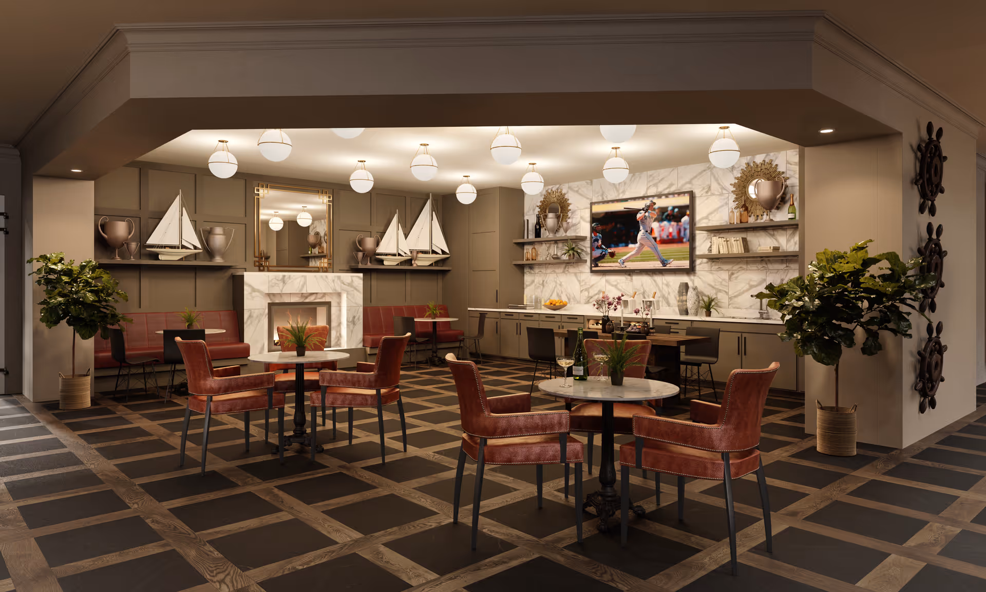 A stylish assisted-living common area with round tables and leather chairs, a marble fireplace, a TV showing a baseball game, nautical decor and plants.