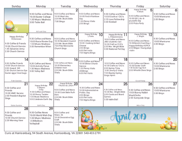 A colorful April 2019 activity calendar page for Curis Harrisonburg Transitional Care and Rehabilitation Center listing daily events.
