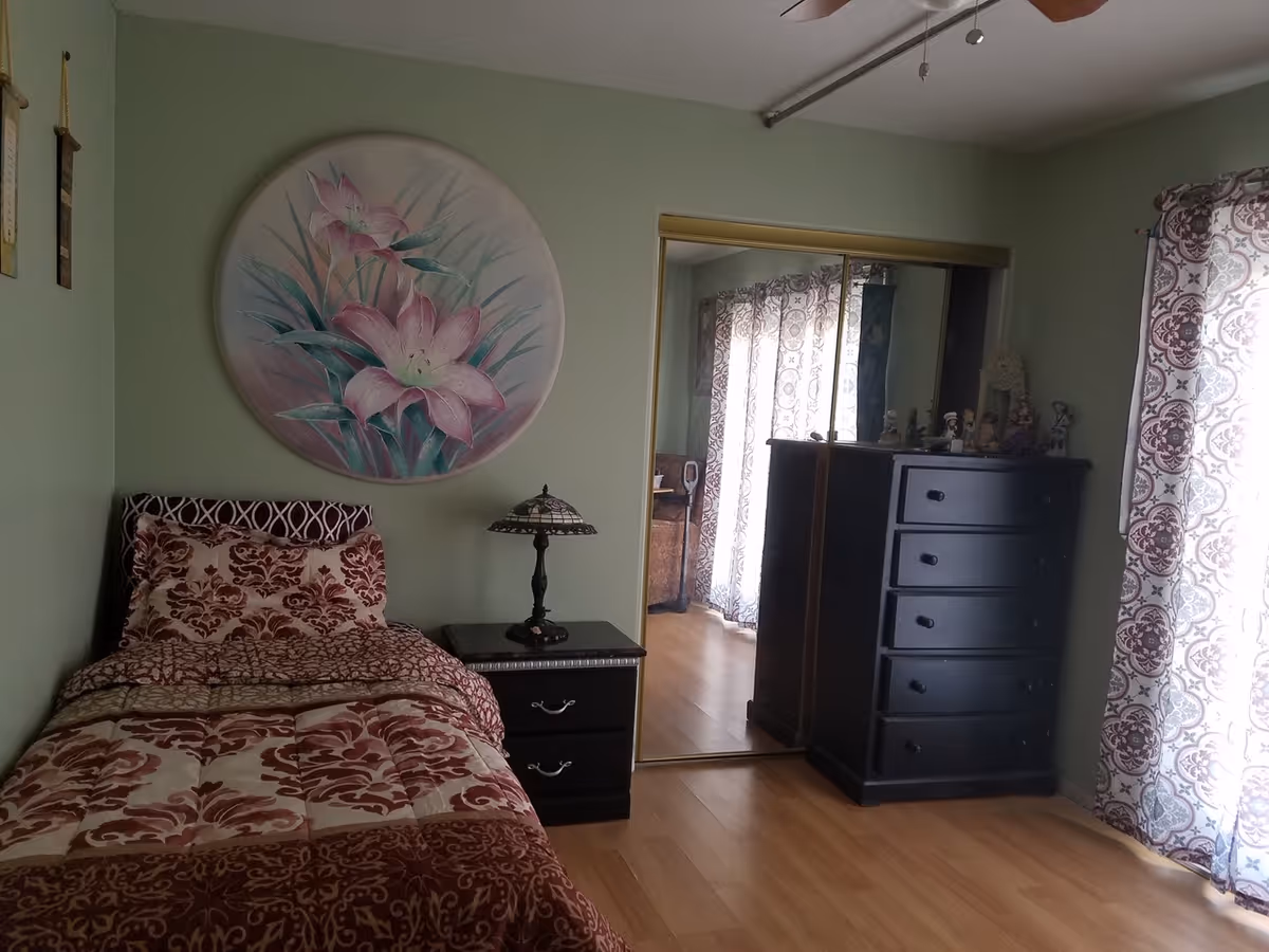 Small bedroom with a single bed, nightstand and lamp, a tall dresser with mirrored closet doors, floral wall art and patterned curtains.