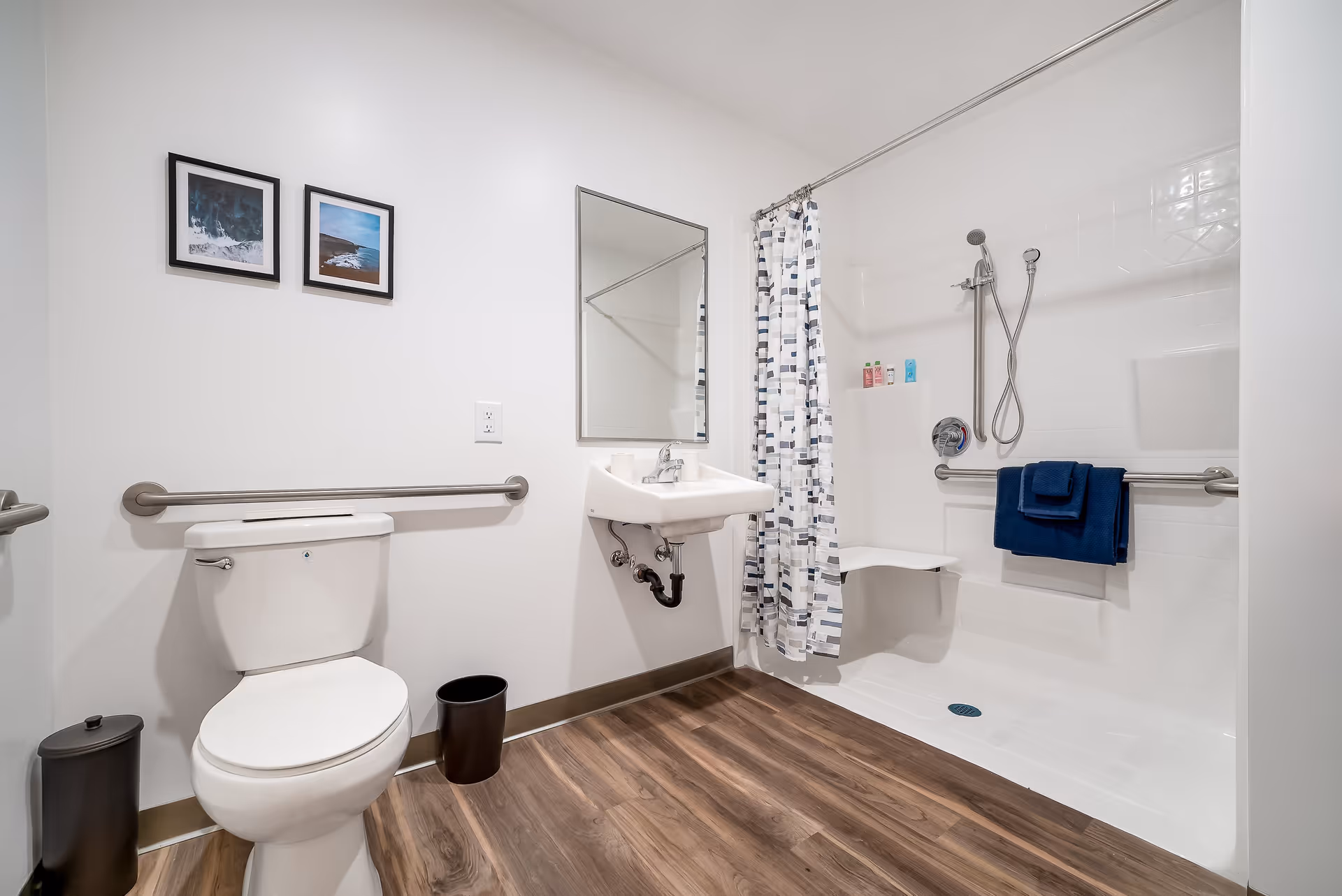 A clean, accessible bathroom with a white toilet, a wall-mounted sink with a mirror above it, and a walk-in shower with a shower curtain, grab bars, and a fold-down seat. The floor has wood-like vinyl flooring, and two framed pictures hang on the wall above the toilet.