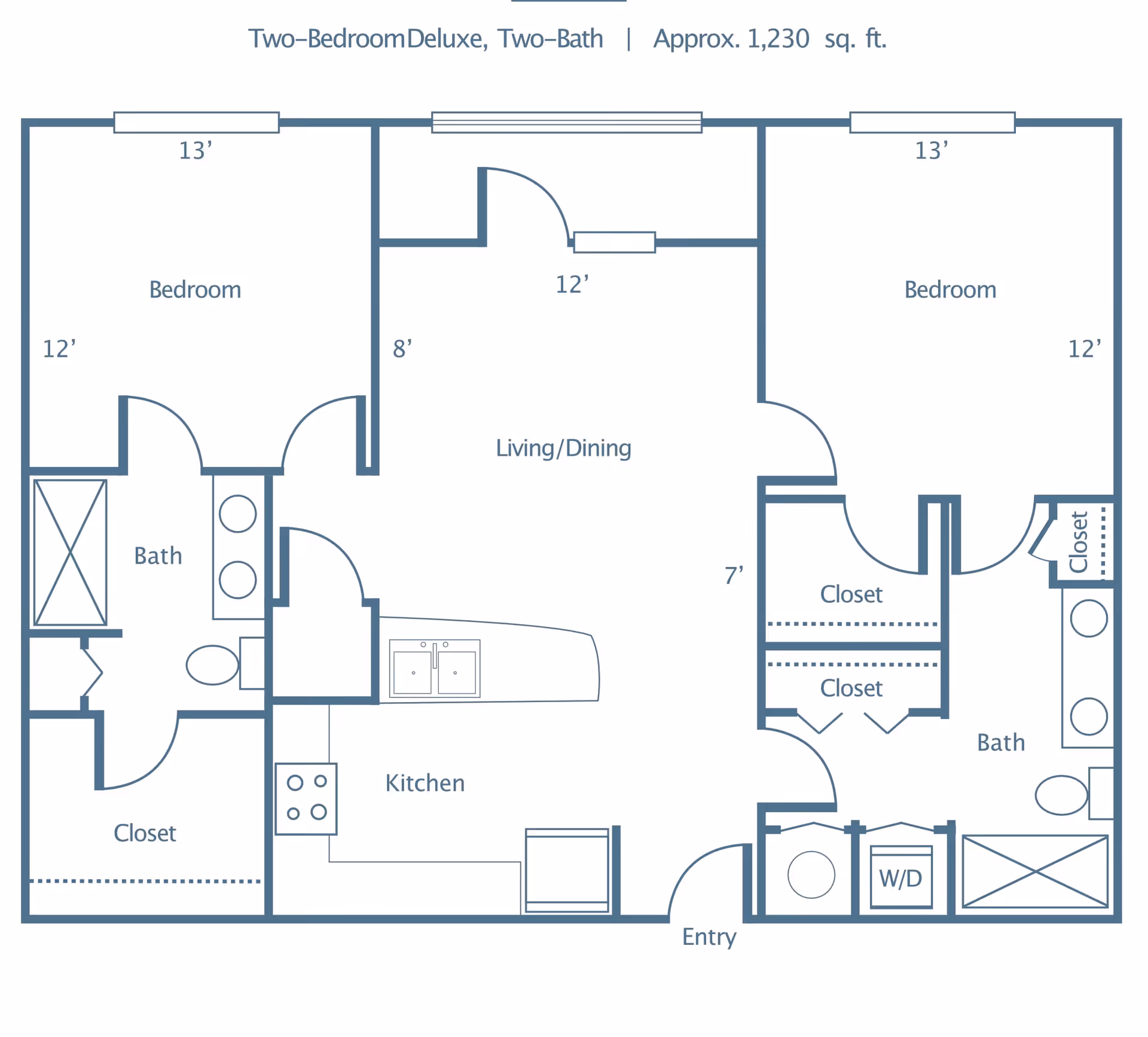 Floor plan of a two-bedroom deluxe, two-bath apartment approximately 1,230 square feet. The layout includes two bedrooms, two bathrooms, a kitchen, living/dining area, closets, and an entry. The kitchen features a stove, sink, and refrigerator. One bathroom has a double sink and bathtub, the other has a double sink and shower. There is a washer/dryer area near the entry.