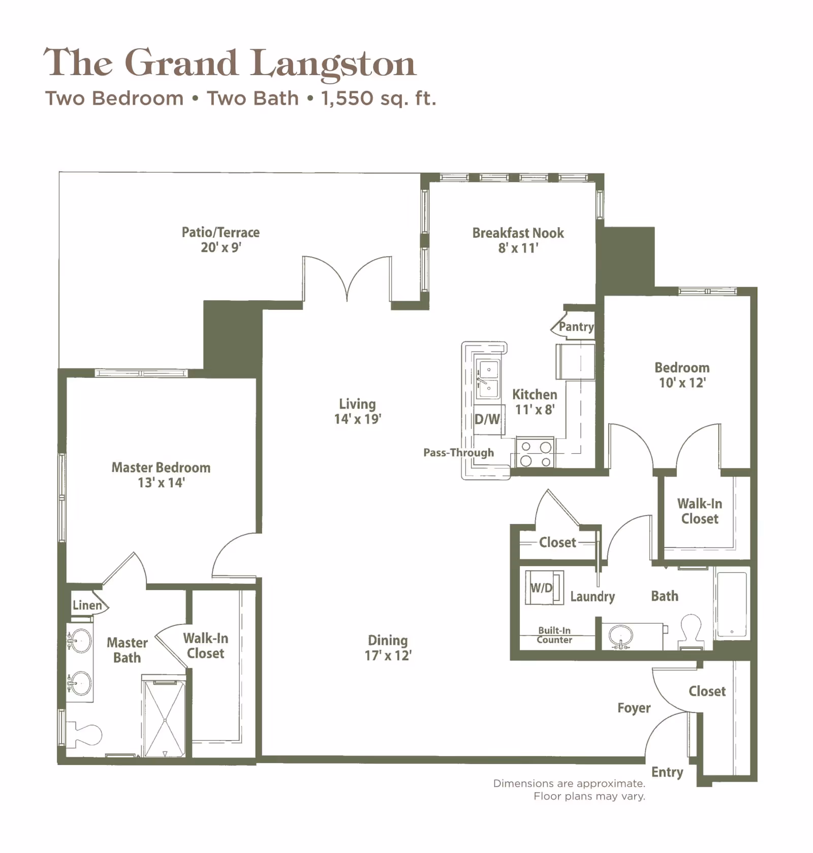 Floor plan of The Grand Langston, a two-bedroom, two-bath apartment with 1,550 square feet. It includes a master bedroom with walk-in closet and master bath, a second bedroom with walk-in closet, a second bath, a kitchen with pantry and dishwasher, a breakfast nook, a living room, a dining area, a laundry room with washer and dryer, a foyer with closet, and a patio/terrace.