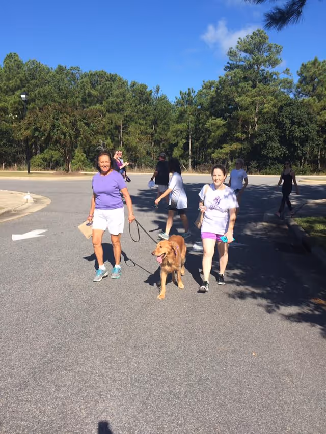 A group of people walking outdoors on a paved road surrounded by trees. Two women in the foreground are walking a golden retriever dog on a leash. The weather is sunny with a clear blue sky.