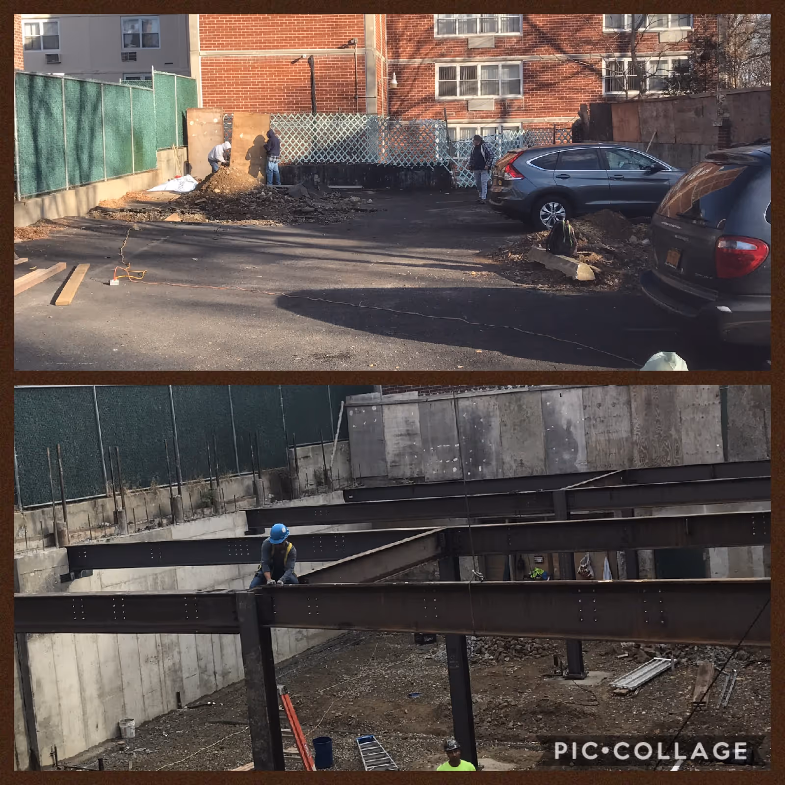 Collage showing an outdoor construction area: an upper parking lot with cars and people and a lower-level site with steel beams and workers in hard hats.