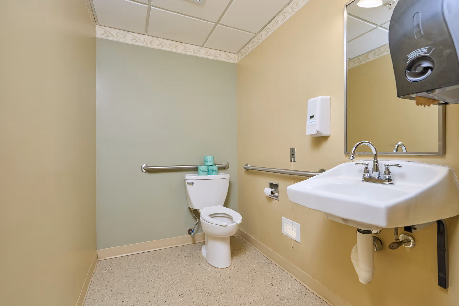 A clean, accessible bathroom with beige walls and a light green accent wall. The room features a white toilet with three rolls of toilet paper stacked on top, a white sink with a chrome faucet, a wall-mounted soap dispenser, a paper towel dispenser, a mirror above the sink, and stainless steel grab bars beside the toilet and sink.