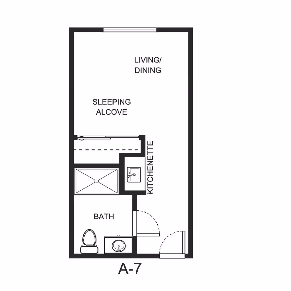 Floor plan layout of a senior independent living unit labeled A-7, showing a living/dining area, sleeping alcove, kitchenette, and a bathroom with a shower, toilet, and sink.